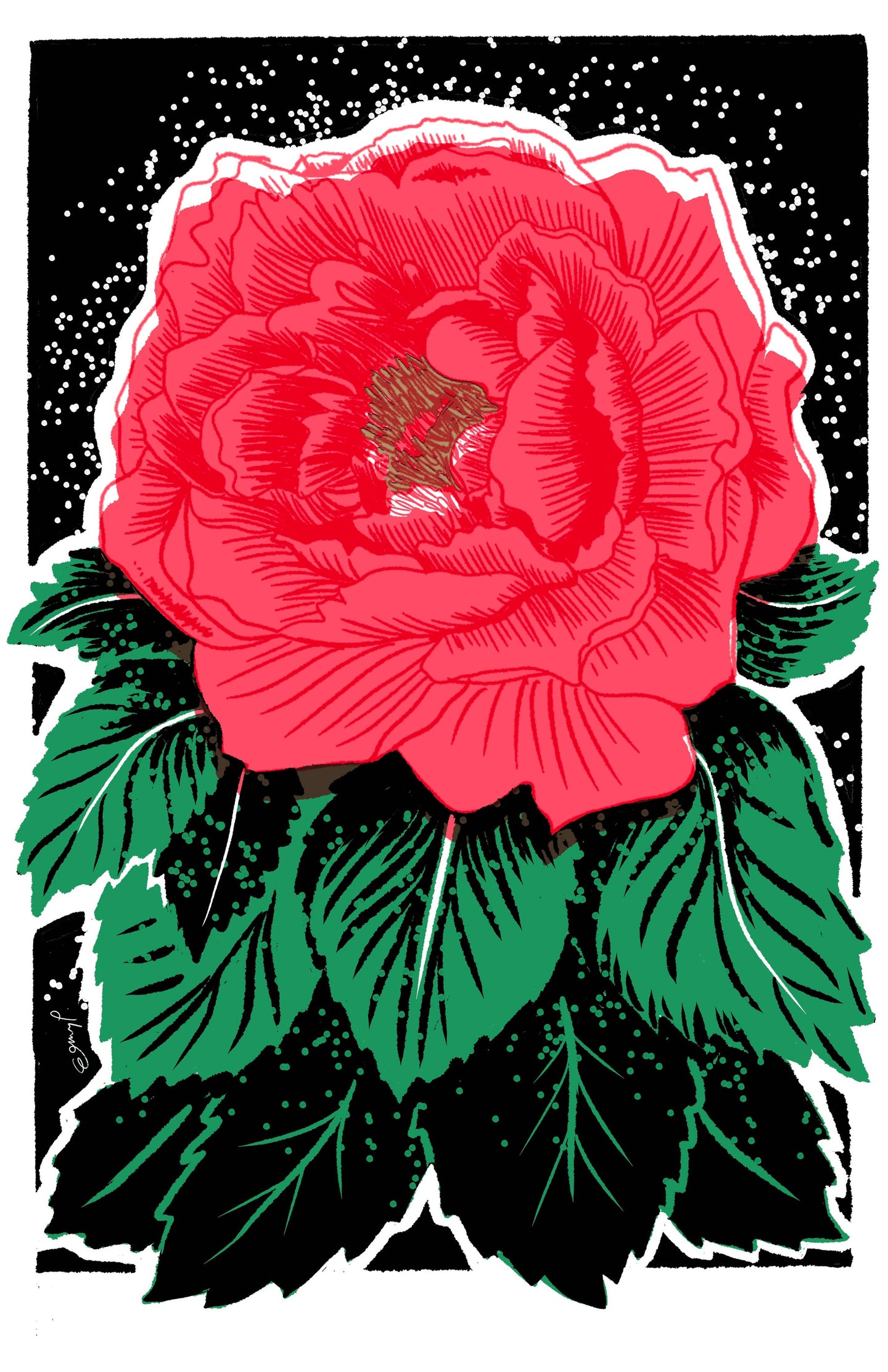 Black Peony Risograph Print