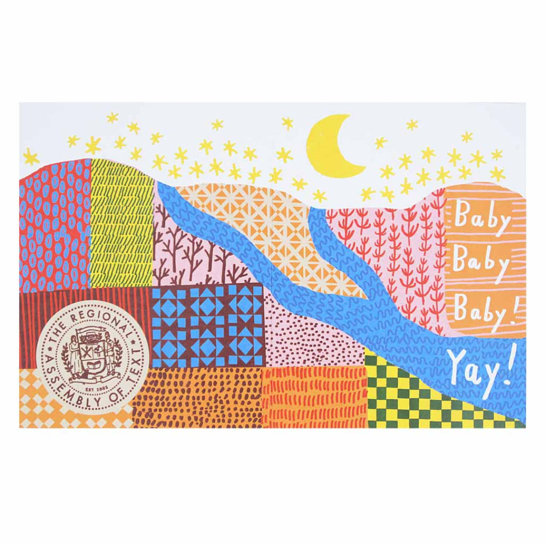 A colourful baby card with an abstract landscape design. It features a yellow moon and stars in the sky, a river, and various patterned hills in shades of orange, pink, blue, and green. White text on one of the orange hills reads "Baby Baby Baby!" and "Yay!" on a blue wavy section at the bottom.