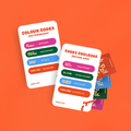 Colorful card games with text on an orange background