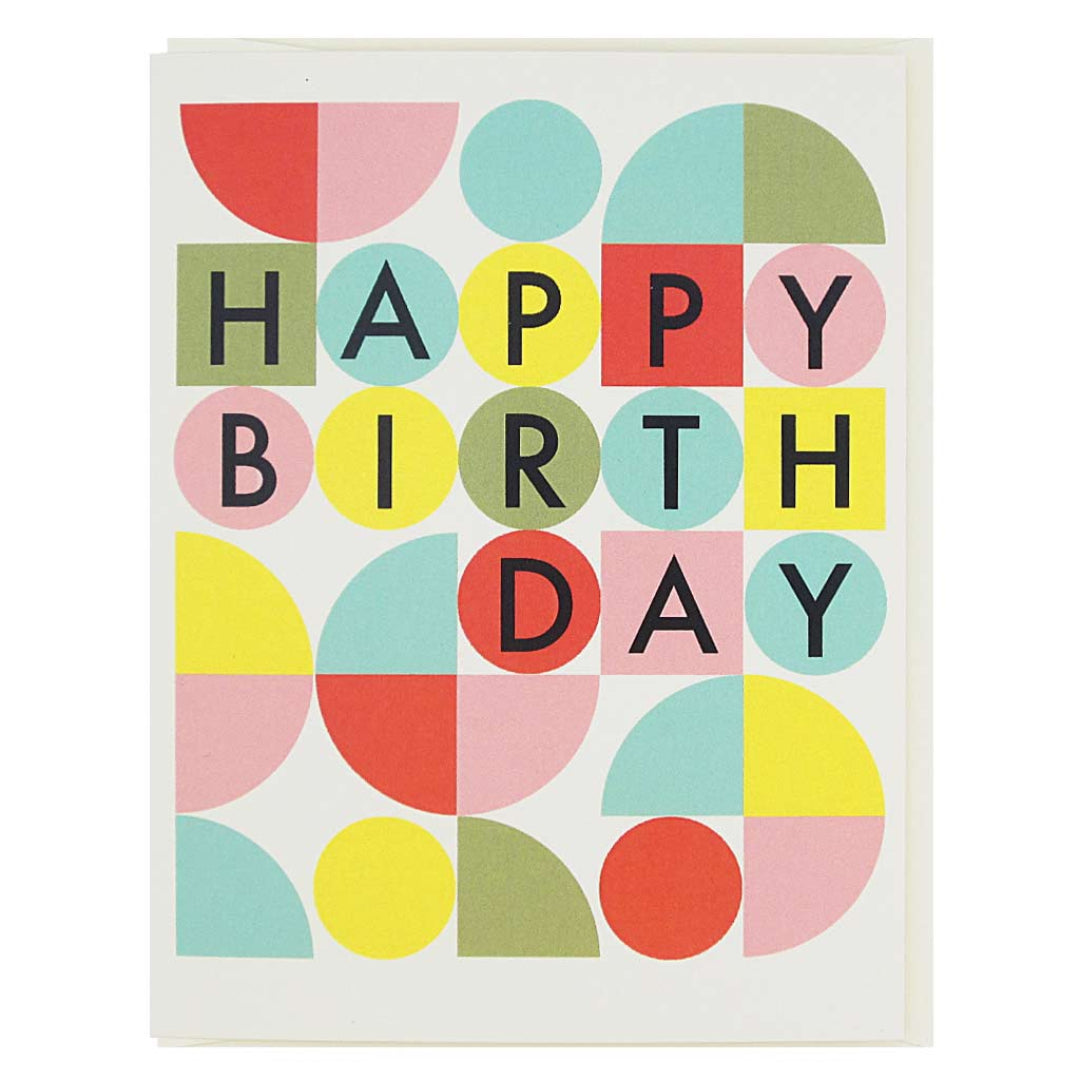 Colorful birthday card with geometric shapes and 'Happy Birthday' text