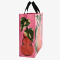A pink reusable tote bag with black handles. The front of the bag features a large red and orange bubble-shaped vase with green leaves extending upwards and to the sides.