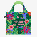A green tote bag with a floral pattern. The text "Mostly Snacks and Random Junk I Don't Need" is printed on the bag.