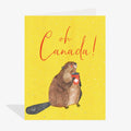 Greeting card with a beaver holding a coffee cup and 'oh Canada!' text on a yellow background