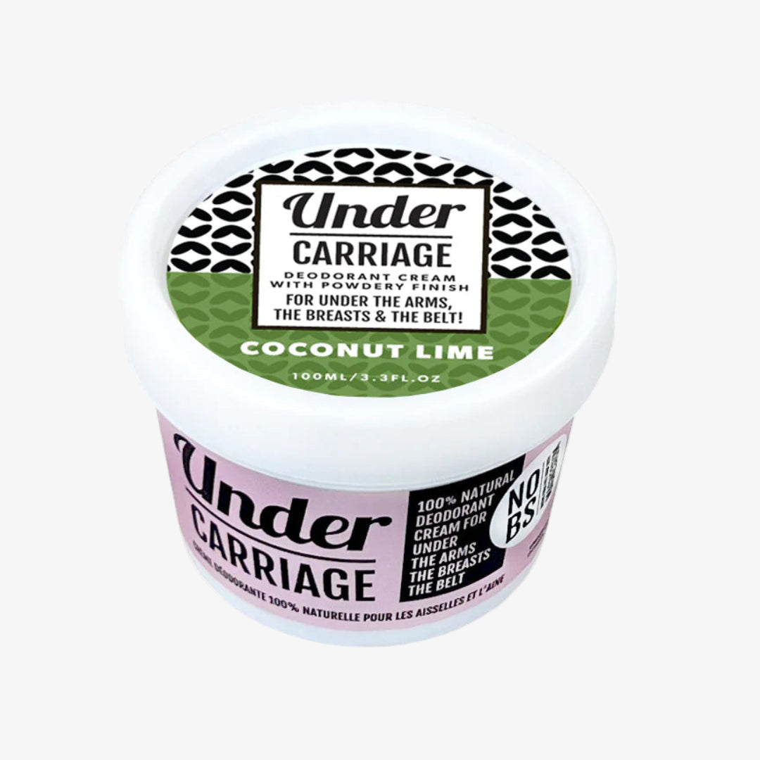 Deodorant cream container labeled 'Under Carriage' with coconut lime scent on a white background