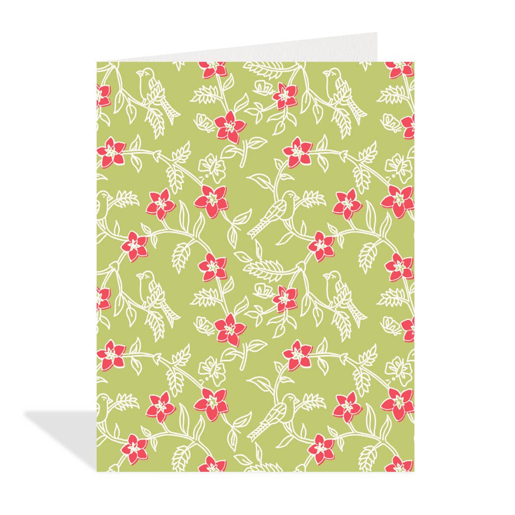 Greeting card with floral and bird pattern on a green background