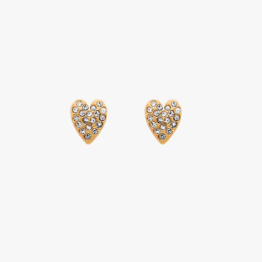 Heart-shaped earrings with gold frame and clear stones on a white background