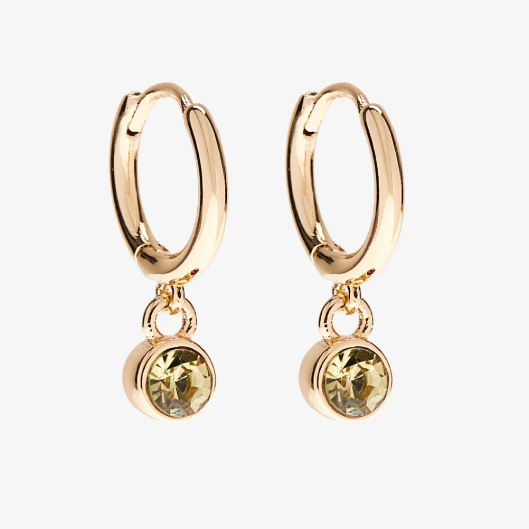 A set of three pairs of citrine earrings displayed on a yellow card. The set includes a pair of stud earrings, a pair of bar earrings with small citrine beads, and a pair of hoop earrings with dangling citrine stones. The card has the month "November" and the brand name "Foxy Originals."