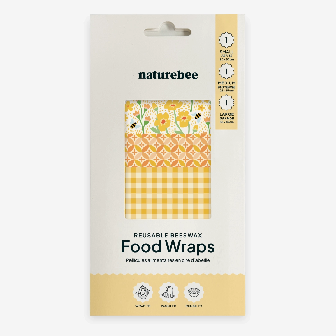 Yellow Beeswax Wrap Variety Set is a set of 3 beeswax food wraps in small, medium and large.
