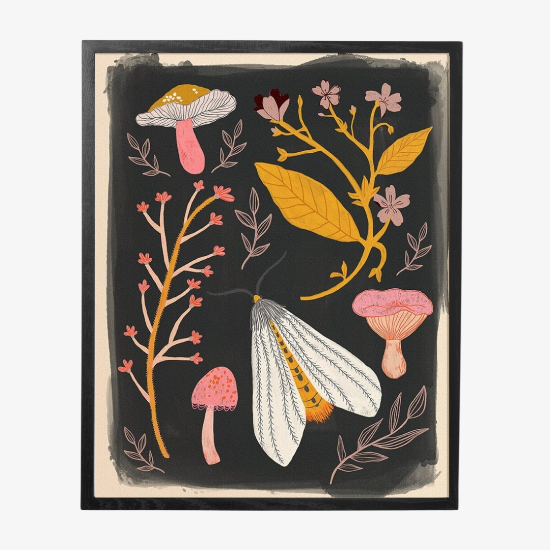 Nature Specimens Framed Art Print, a black art print with pink and gold images of mushrooms, and florals, in a black frame.