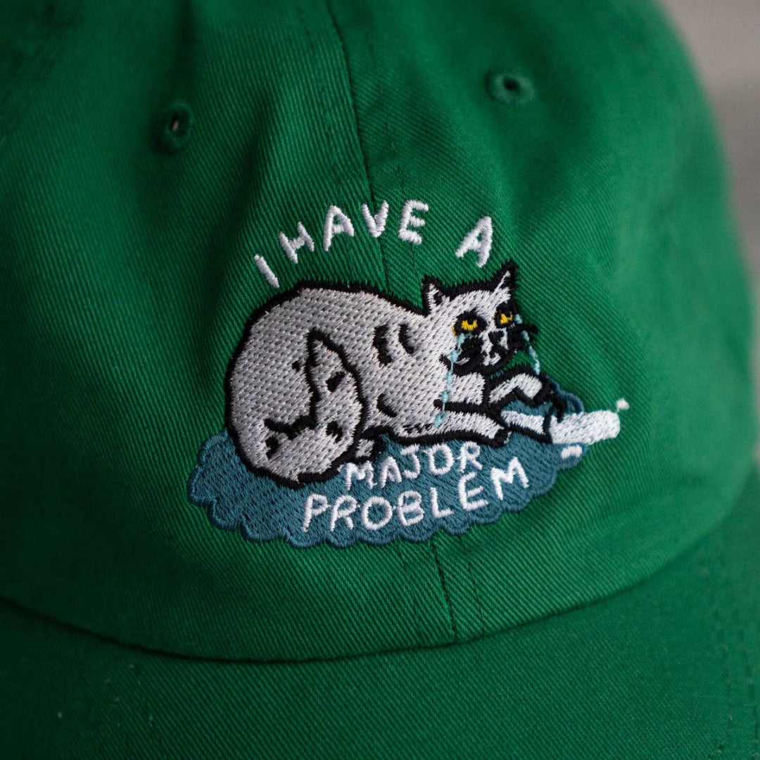 Green cap with a cat graphic and text 'I have a major problem' on a neutral background
