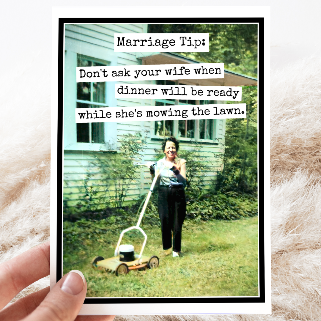 Person mowing a lawn with text overlay about marriage tips.