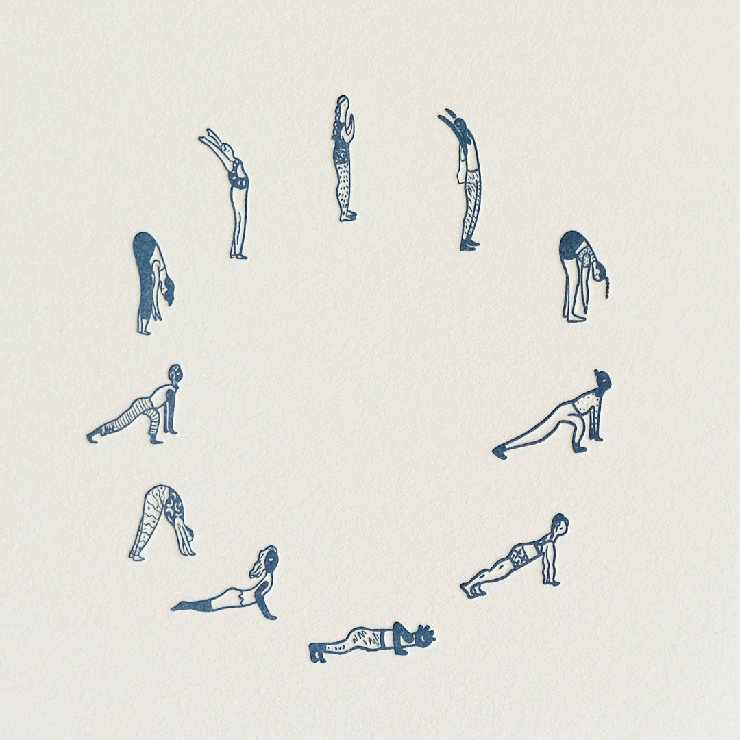 Illustrations of various yoga poses on a beige background