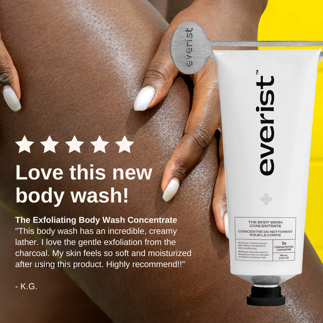 The Exfoliating Body Wash Concentrate review that reads "Love this new body wash: This body wash has an incredible, creamy lather. I love the gentle exfoliation from the charcoal. My skin feels so soft and moisturized after using this product. Highly recommend!!"