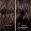 Before and after comparison of hair showered with Everist, showing a smoother texture.