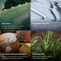 Four quadrants showing aloe vera, vegetable glycerin, coconut-derived cleansers, and rosemary oil with descriptive text.