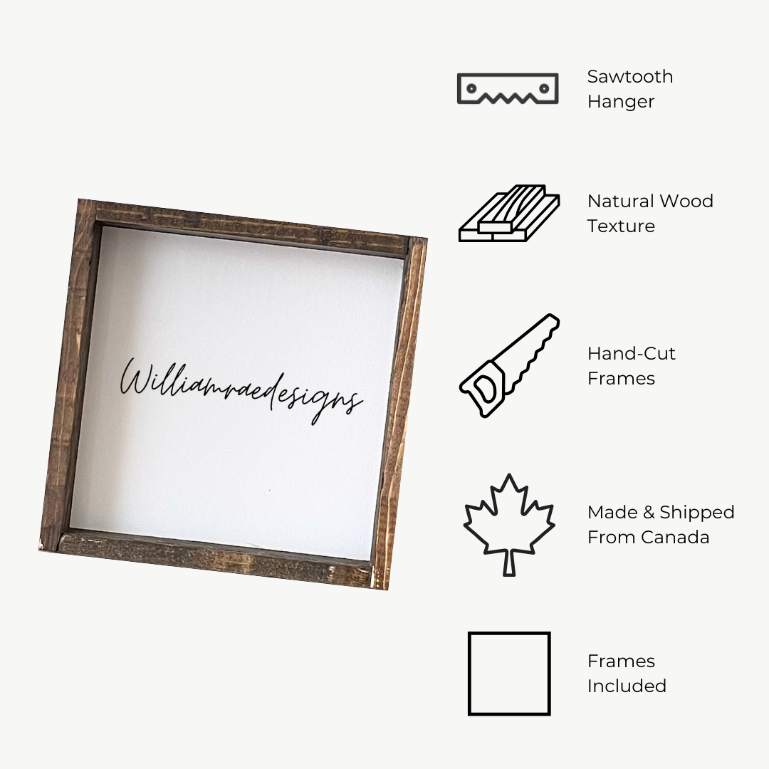 Wooden picture frame with 'Williamraedesigns' branding on a white background, featuring icons and text about product features.