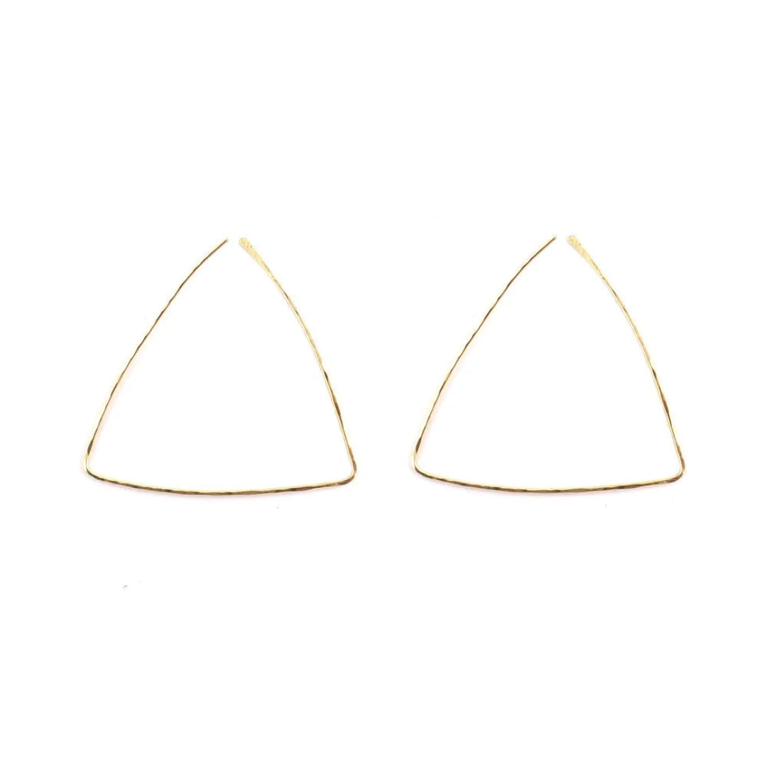 Pair of gold triangle earrings on a white background